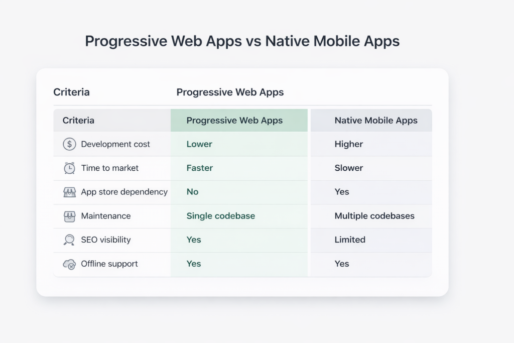 PWA vs native app: cost, performance, SEO and maintenance comparison