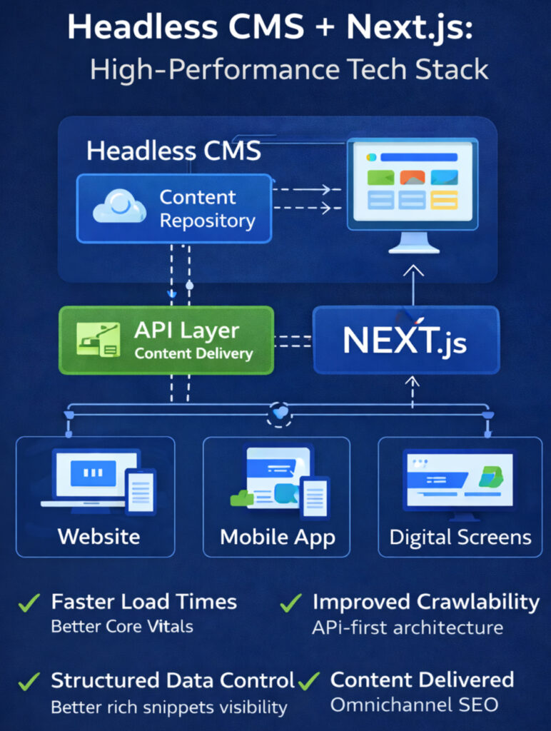 Headless CMS with Next.js architecture diagram showing API layer, CDN delivery, fast performance, and SEO optimization