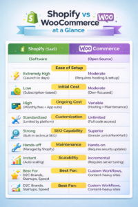 Shopify vs WooCommerce comparison table for Saudi businesses covering pricing, customization, SEO, maintenance, and scalability