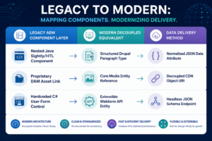 Diagram showing how legacy AEM components are mapped to modern decoupled Drupal structures and JSON delivery methods during enterprise website migration