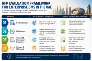 RFP evaluation framework for enterprise CMS selection in Saudi Arabia covering pre-qualification, RFP issuance, technical evaluation, and contract award